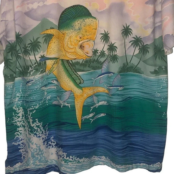 Vintage GUY HARVEY Sz L Men's Blue Button Up Short Sleeve Fish Clouds Shirt - Picture 3 of 5